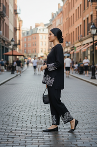 Conjunto de dos piezas para mujer, negro, con bordado de cadena y pantalón con cintura elástica - Product Image 2