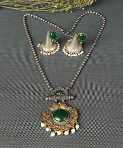 Ensemble collier et boucles d'oreilles en laiton onyx argenté oxydé bicolore |   Bijoux ethniques indiens bohèmes pour fiançailles et mariage - Product Image 2