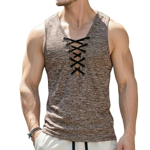 Camisetas sin mangas casuales para hombre, con logo personalizado, cuello en V profundo, con cordones en la parte delantera, camiseta sin mangas para verano, ropa de vacaciones, camisetas sin mangas al por mayor para hombre - Product Image 4