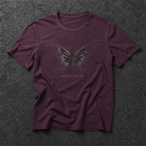 Dravelle Industry <b>Men</b>’s Dark Plum Y2K Cyber Butterfly Graphic T-Shirt, Slim Fit Cotton-<b>Stretch</b> Rhinestone Tee - Product Image 6