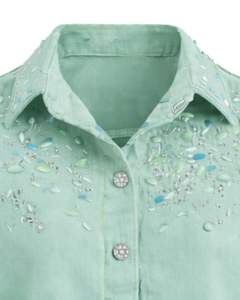 Chaqueta Vaquera Corta Personalizada Verde Menta para Mujer con Detalle de Pedrería, Botones, Manga Larga, Estilo Casual y Urbano - Product Image 3