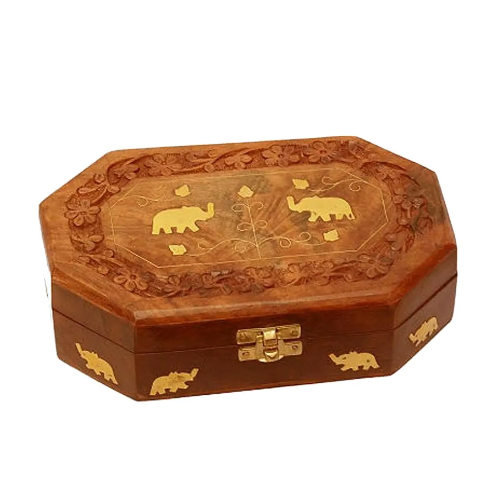 Gold Elephant Shade Engraved Wooden Jewelry Gift Box Rose Wood Brass Wooden Jewelry Box Available At Affordable Price