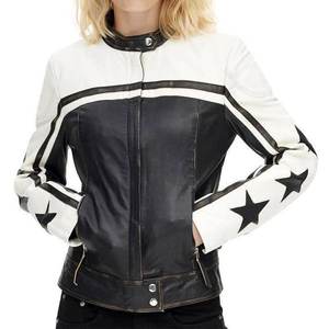 แจ็คเก็ตผู้หญิงสีขาวดำแบบใหม่ขายส่งพร้อมโลโก้สั่งทำ แจ็คเก็ตวินเทจฤดูหนาว แจ็คเก็ตบอมเบอร์หนังแท้ทันสมัย สไตล์สตรีทแวร์ - Product Image 1