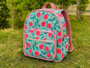 Handmade 100% Pure cotton quilted floral <b>backpack</b> for women girls block print <b>school</b> bag lightweight travel daypack with pocket - Product Image 1