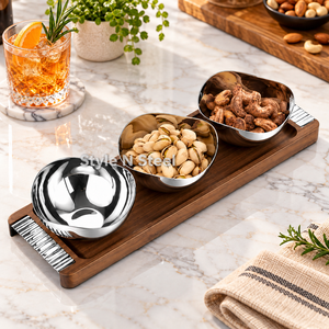 Plateau de service en bois nordique avec ensemble de bols à collation en acier inoxydable, plateau décoratif pour fruits secs et noix, idéal pour la maison et les fêtes - Product Image 5