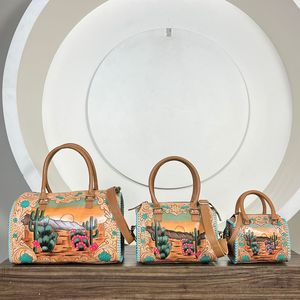 Fashionable Genuine Cowhide Leather Large Speedy Duffel Bag Cactus Sunset Design Overnight Weekender Travel Bag for Unisex - Product Image 5