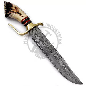 Cuchillo Bowie de Acero de Damasco Hecho a Mano con Mango de Cuerno de Ciervo y Funda, Cuchillo de Caza para Exteriores de Hoja Fija Afilada de la Mejor Calidad - Product Image 3