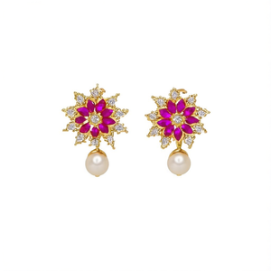 Vintage Gold Plated Brass Stud Earrings with Zircon and Pearl - Product Image 2