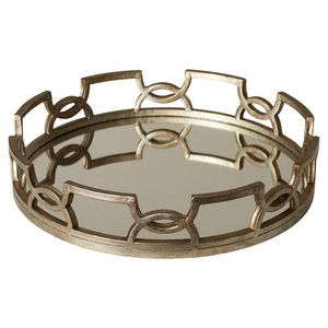 Elegante bandeja redonda de espejo dorado con marco decorativo geométrico recortado, perfecta para centros de mesa de tocador o decoración moderna para el hogar - Product Image 1