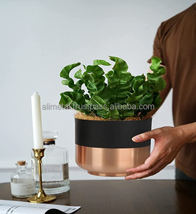 Macetas y macetas de cerámica de sobremesa, diseño acanalado Horizontal contemporáneo, color metálico, rosa dorado - Product Image 4