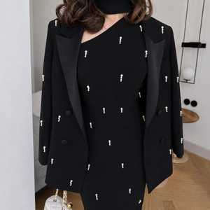 Ensemble Robe Blazer Noire Printanière Élégante Ornée Manches Longues Infroissable Robe de Soirée Formelle Veste Cintrée Fente Haute - Product Image 5