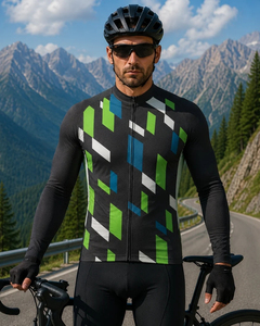 Men's Sublimation Long Sleeve Cycling Jersey Black <b>Green</b> Blue Geometric Pattern Road <b>Bike</b> Shirt - Product Image 3