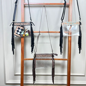 Sac à bandoulière transparent de style occidental, en cuir de vache véritable, avec franges, approuvé pour les stades, sac à main bohème tendance pour femmes - Product Image 5