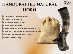 Cuerno Vikingo Artesanal Duradero de 12 Pulgadas con Soporte, Jarra Medieval para Cerveza y una Bolsa de Yute Única se Ofrece con el Cuerno - Product Image 6