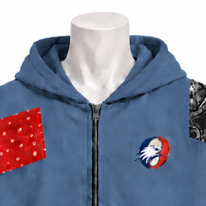 Sweat à capuche zippé oversize en denim bleu avec patchwork de tapisserie et patchs imprimés, style streetwear décontracté - Product Image 3