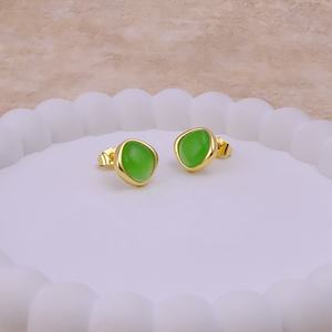Prehnite Chalcedony Anti-Tarnish Brass Cabochon Handmade Gold-Plated Gemstone <b>Stud</b> <b>Earrings</b> for Women Trendy Jewelry - Product Image 5