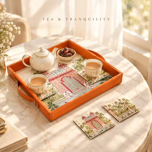 Plateau artisanal moderne en bois naturel émaillé avec 4 sous-verres – Ensemble de service décoratif multifonctionnel pour table basse et repas - Product Image 2