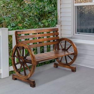 Banc rustique en bois en forme de roue de chariot pour deux personnes avec assise et dossier à lattes, marron - Product Image 3
