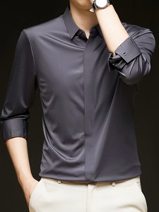 Camisa de Vestir Satinada para Hombre, Corte Entallado, Manga Larga, Cuello Clásico, Color Sólido, Antiarrugas, Estilo Casual Elegante - Product Image 3