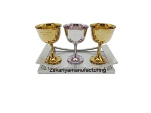 Luxury Gold & Silver Plated Brass Chalice Set with Curved Serving Tray – Elegant Metal Communion Wine <b>Goblets</b> for Home & Bar - Product Image 1