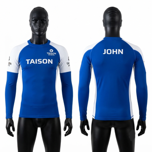 Premium 200 GSM Polyester Spandex Swim Wear Jersey Blue <b>White</b> Long Sleeve Raglan Panel Custom Logo - Product Image 1