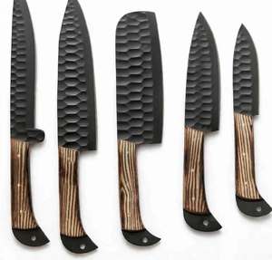 Juego de Cuchillos de Cocina de 5 Piezas, Acero Forjado a Mano, Hoja con Revestimiento Antiadherente Negro y Mango con Diseño de Madera - Product Image 2