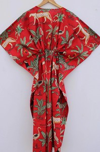 Robe Kaftan pour femmes, 100% coton, imprimé floral animalier, col en V, robe enveloppante, respirante, séchage rapide, écologique, manches courtes, plage - Product Image 5