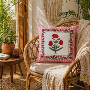 Artisan Red Flower Cotton Cushion Cover Hand Block Style <b>Square</b> <b>Pillow</b> Cover for Living Room Styling - Product Image 3