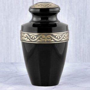 Urne funéraire pour adulte en laiton noir et argenté avec motifs floraux et géométriques, surface brillante pour cendres humaines - Product Image 3