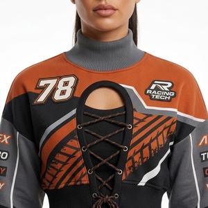 Conjunto Deportivo de Verano para Mujer, Ligero, de Poliéster/Algodón, con Estampado, Sudadera Corta con Cordones y Pantalones Cortos, Estilo Racing, Personalizable para Equipos - Product Image 4