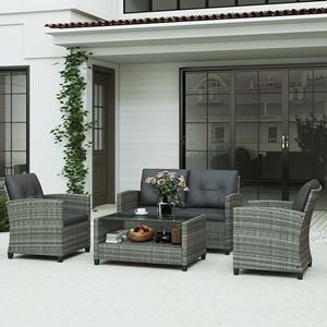 Set di mobili da giardino in vimini di rattan PE a 4 pezzi color carbone con tavolino a due livelli e cuscini - Product Image 2