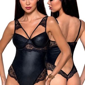 Women's Black Leather Bodysuit See Through Hollow Out Sexy Lingerie With Straps And Chest Pad - Product Image 1