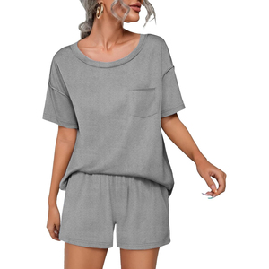 Women's Black 2-Piece <b>Knitted</b> <b>Set</b> Short Sleeve O-Neck Top With Pocket Loose Fit Shorts Casual Breathable Spring Summer Wear - Product Image 3