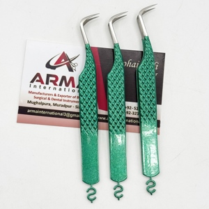 Pince à épiler professionnelle courbée en fibre durable de type Hock pour extensions de cils, vert métallisé, avec étiquette privée - Product Image 2