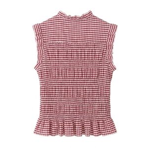 Custom <b>Red</b> Gingham Women's Sleeveless <b>Blouse</b> Ruffle Neck Gathered Hem Vintage Checkered Summer Casual Top - Product Image 2