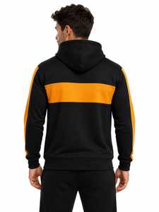 Men's Color Block Hoodie <b>Black</b> Mustard Yellow Pullover Hooded Sweatshirt Drawstring Kangaroo Pocket Custom Wholesale <b>Fleece</b> - Product Image 2