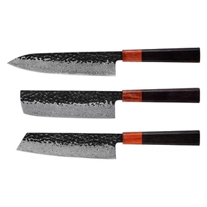 Ensemble de couteaux de chef en acier inoxydable forgés à la main pour droitiers, trois pièces, manche en bois Pakka, outils de découpe écologiques pour la cuisine - Product Image 1