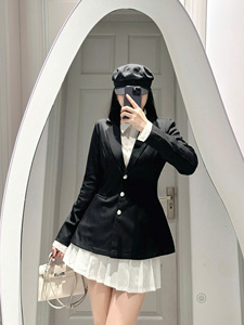 <b>Long</b> Sleeve Solid Cotton Blend Office Casual Women's Shirt <b>Pleated</b> Above-Knee <b>Skirt</b> V-Neck Vest Blazer Set Turn-down Collar - Product Image 6