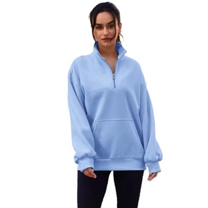 Sudadera con capucha de invierno para mujer, azul claro, con cremallera de un cuarto, logo frontal, hombros caídos y cuello redondo - Product Image 5