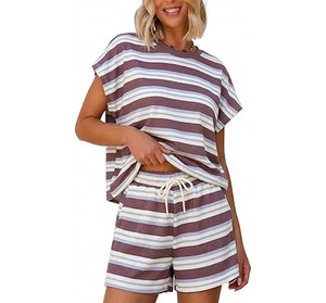 Women 2 Piece Shorts Set O Neck Short Sleeve Loose Fit Cotton Casual Summer Outfit Breathable Knitted Top and Shorts - Product Image 2