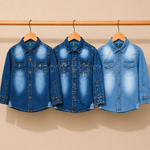 Ready Shipping Casual Denim Shirt For Boys Long Sleeve Solid Color Turn-<b>down</b> Collar Pockets Washed Cotton Material Regular Fit - Product Image 3