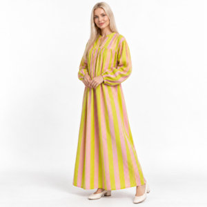 Vestido maxi de mujer 100% algodón tejido de manga larga con cintura imperio, cuello en V, manga farol, a rayas, corte A, holgado, informal y modesto para primavera. - Product Image 6