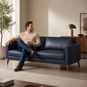Sofá de Cuero Genuino de Primera Calidad, Sofá de 2 Plazas de Estilo Moderno de Mediados de Siglo, Muebles de Cuero para Sala de Estar, Hogar, Villa o Apartamento - Product Image 4