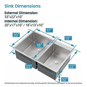 Lavello da cucina a doppia vasca in acciaio inox 304 da incasso (19" x 33") - Finitura spazzolata fatta a mano (Solo lavello) - Spedizione solo lunedì-venerdì - Product Image 5