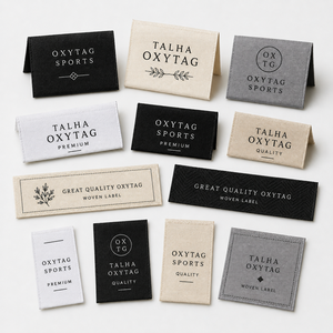 Étiquettes tissées rectangulaires Oxytag pour vêtements, qualité supérieure, lavables, pliage d'un côté, bord coupé à chaud, prix abordable, personnalisables OEM - Product Image 1