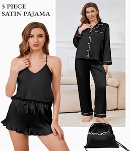 Ensembles de vêtements de nuit pour femmes en satin de soie doux de haute qualité, légers, coupe classique, confort, couleur personnalisée, 4 pièces - Product Image 6