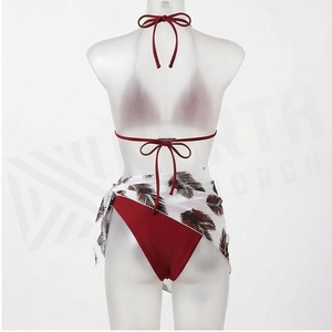 Women Red Halter <b>Bikini</b> Top With White Tropical Leaf Print Wrap Skirt 2 Piece <b>Set</b> - Product Image 2