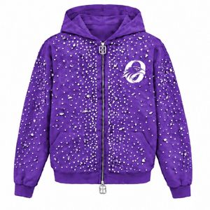 Sudadera con capucha y cremallera Deep Purple Pearl, con cristales brillantes, estilo streetwear, manga larga, con bolsillo frontal - Product Image 1