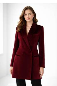 Blazer en velours bordeaux élégant, veste d'hiver à double boutonnage - Product Image 3