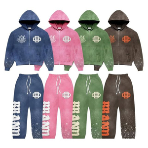 Conjunto de dos piezas OEM de invierno para streetwear, estampado, 100% algodón, de alto gramaje, con capucha, efecto desgastado por el sol, lavado ácido, con parche de aplique y sudadera con capucha. - Product Image 1